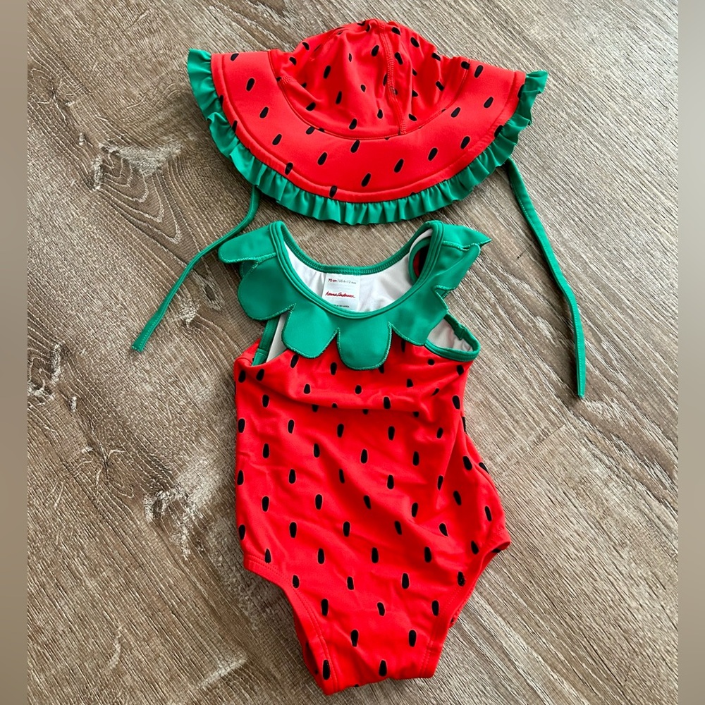 Hanna Anderson Strawberry bathing suit and sunhat 6-12 months